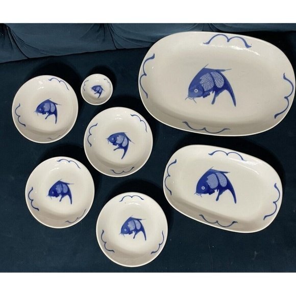 Vintage 7 Piece Blue White Koi‎ Fish Misty Rose Dish Set platter plate.